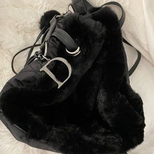 Authentic dior rabbit black fur bag Pom Pom diamanté keychain red interior